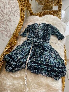 Zimmermann Navy & Teal Floral Ruffle Wrap Dress